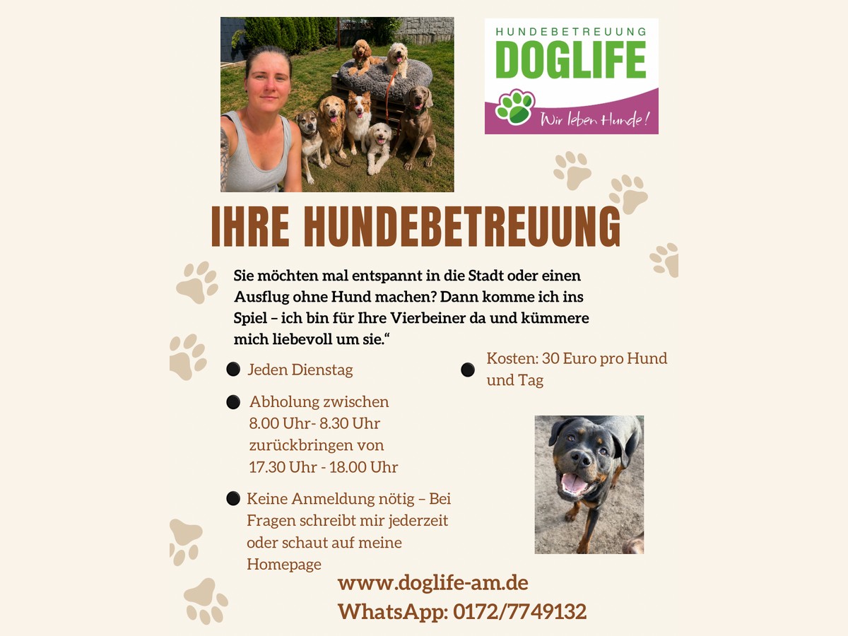 Information flyer for DOGLIFE dog care with the carer and dogs