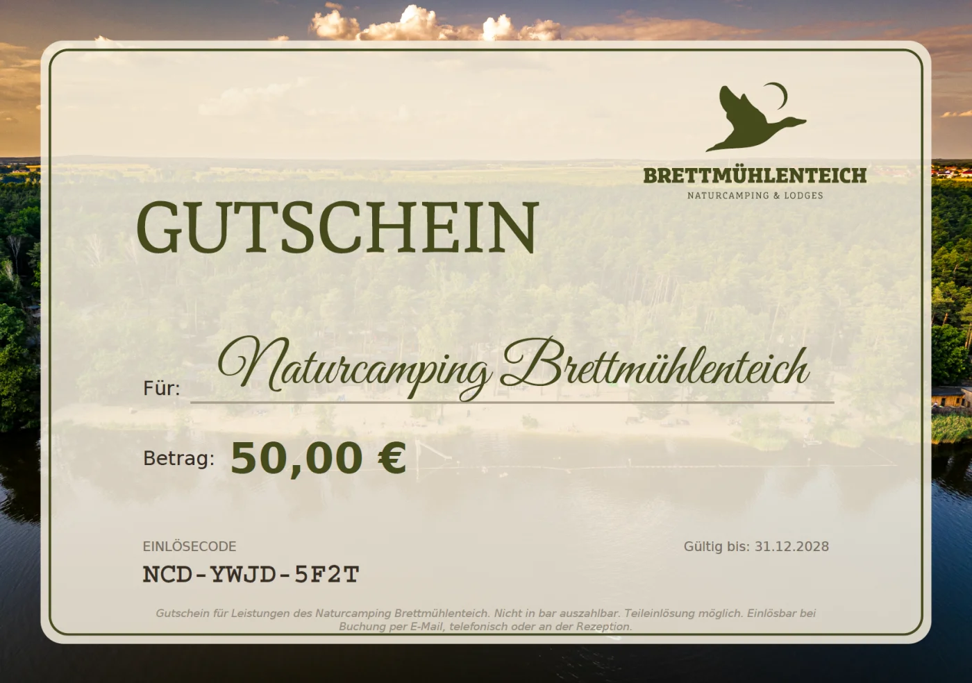Geschenkgutschein des Naturcamping Brettmühlenteich als PDF