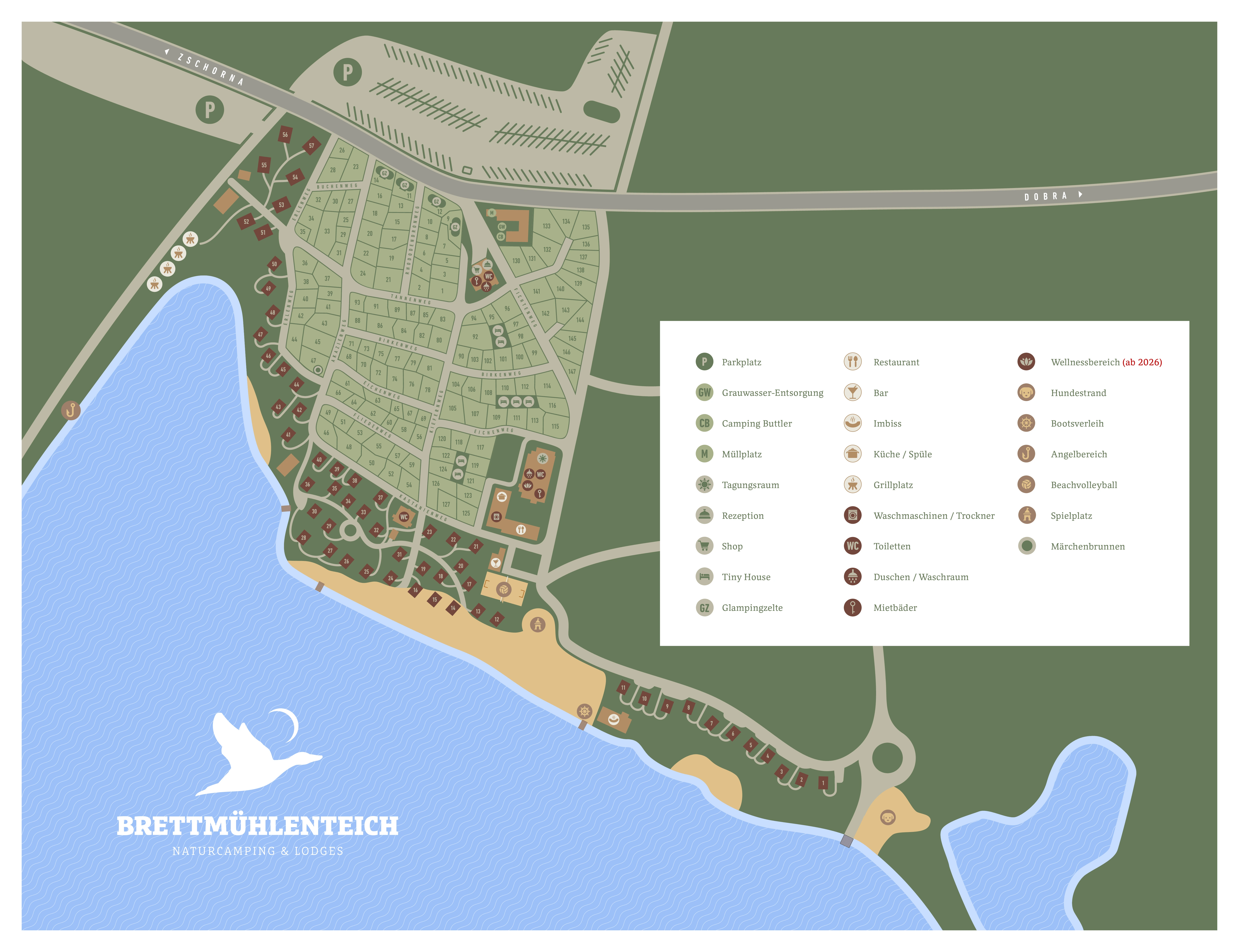 Lageplan Naturcampingplatz am Brettmühlenteich - Übersicht über Stellplätze, Ferienhäuser, Sanitäranlagen und Freizeitbereiche