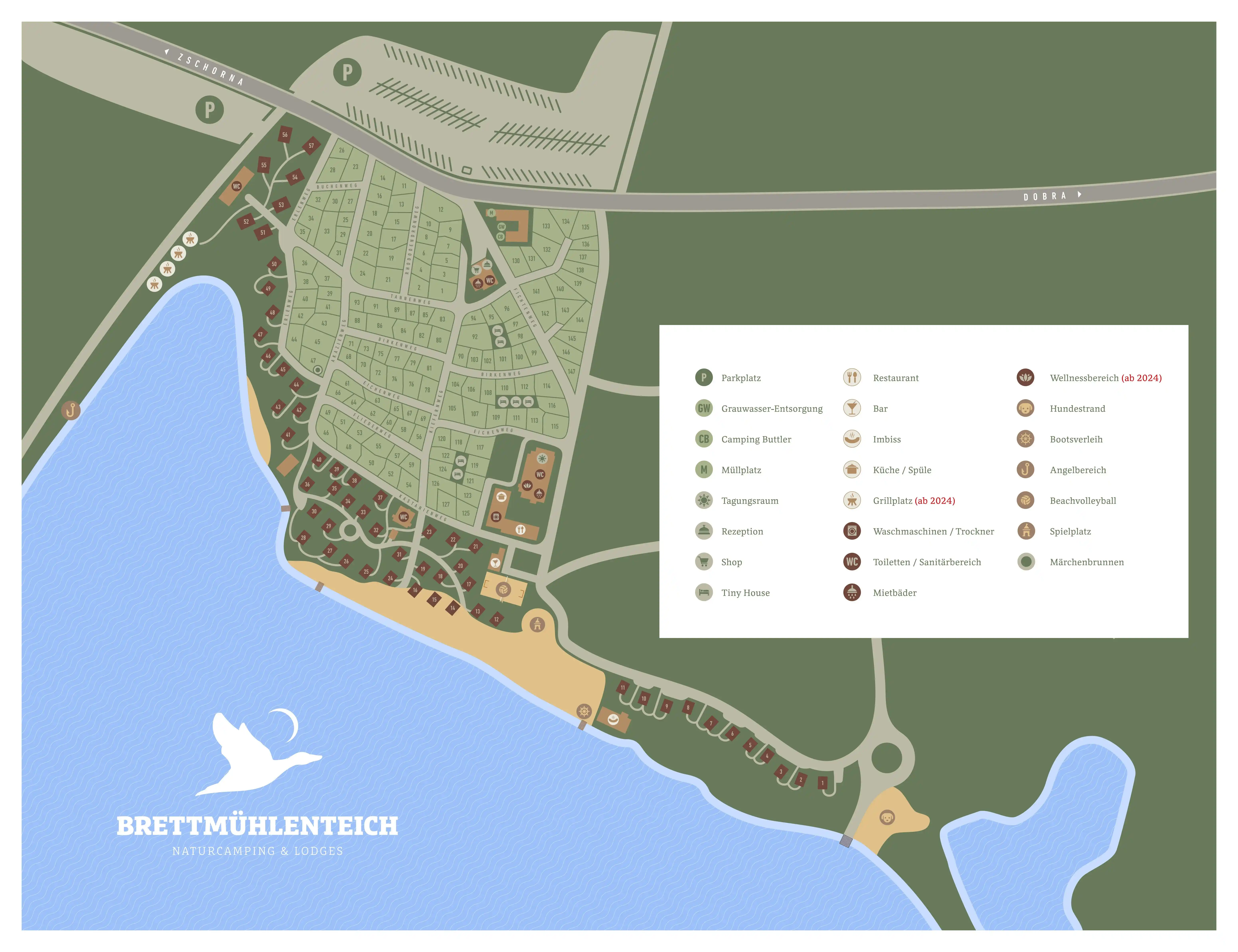 Lageplan Naturcampingplatz am Brettmühlenteich - Übersicht über Stellplätze, Ferienhäuser, Sanitäranlagen und Freizeitbereiche